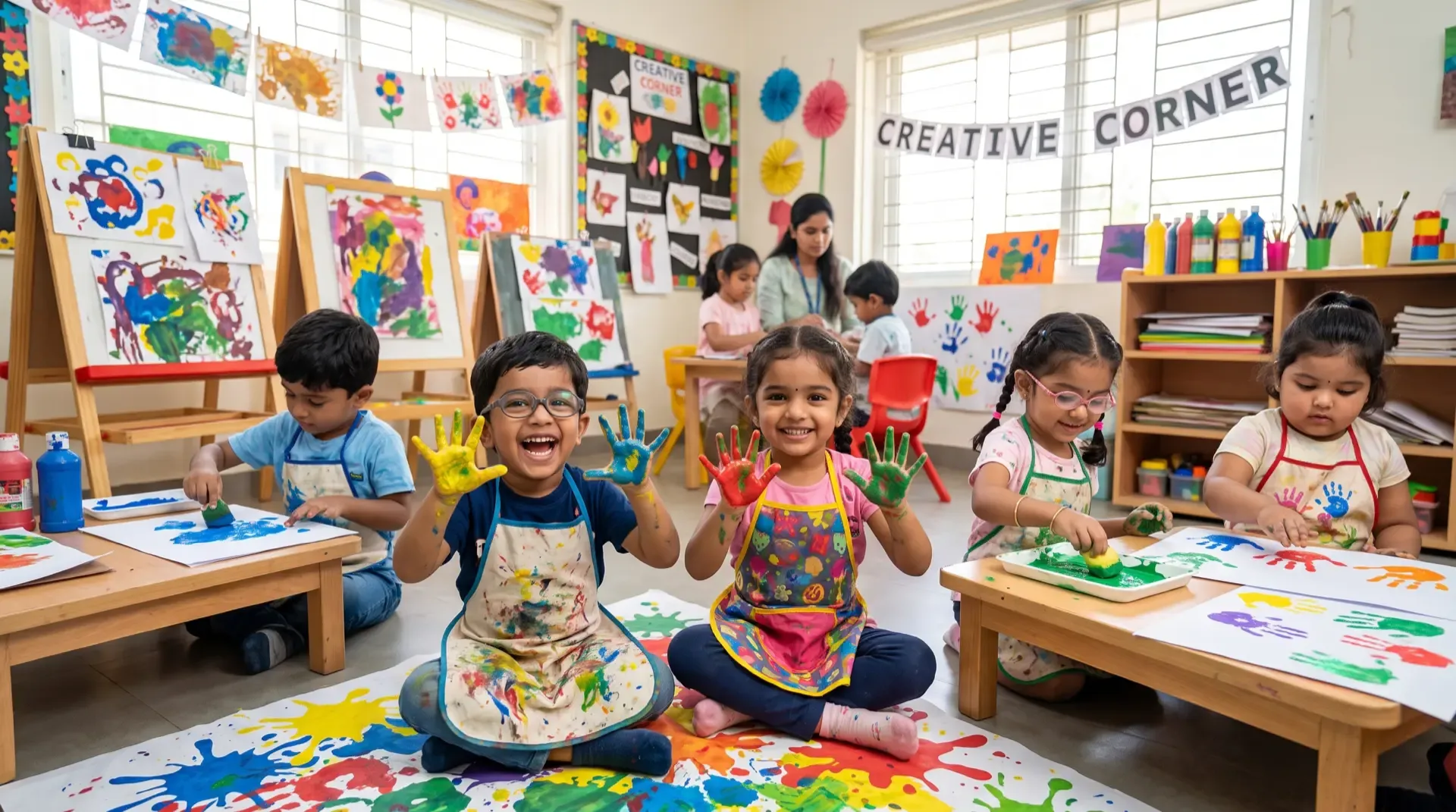Children with paint-covered hands laughing in the creative corner