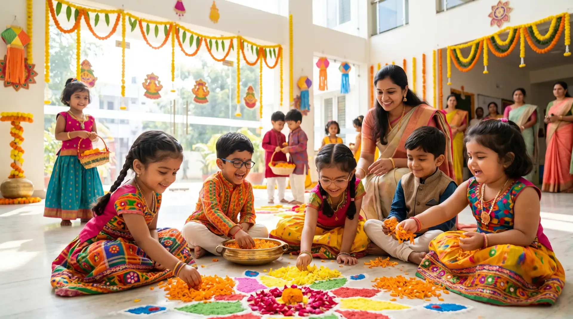 Children in traditional clothes making a flower kolam for Pongal