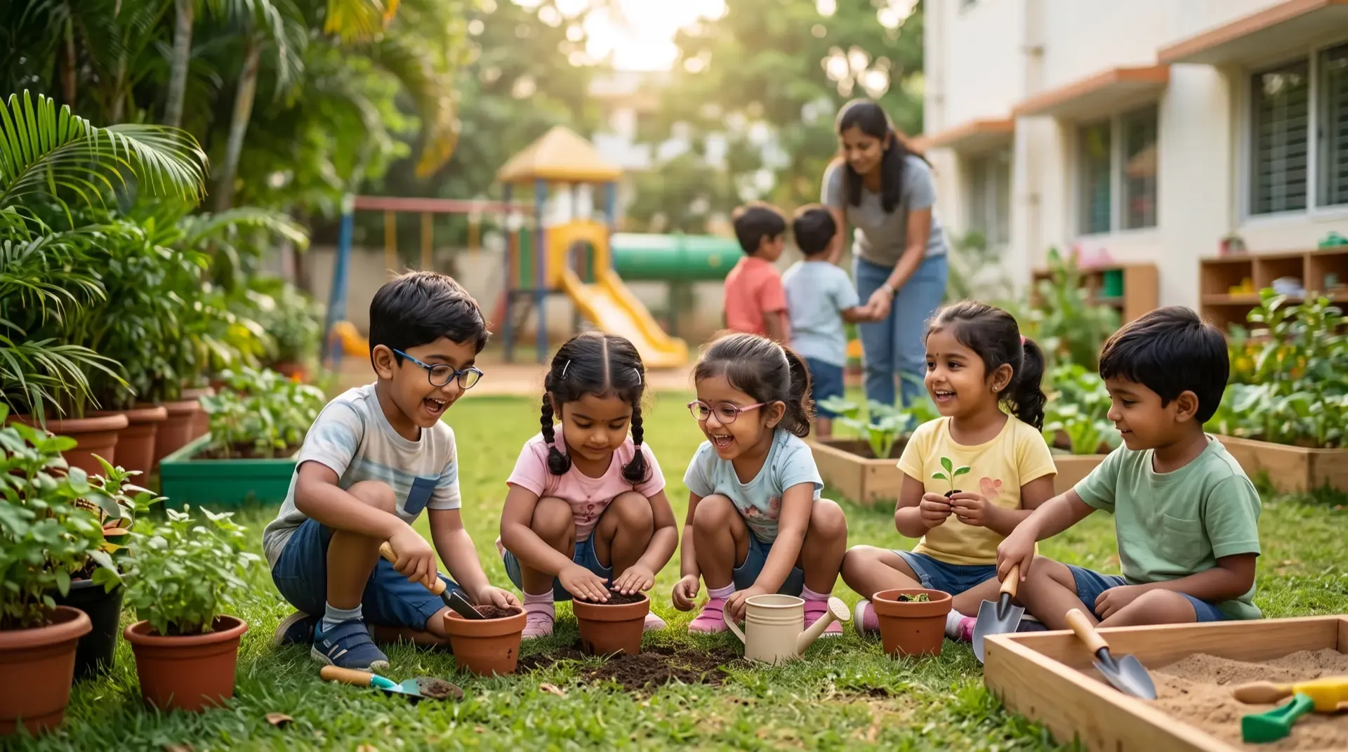 Children planting seedlings in pots in the school garden