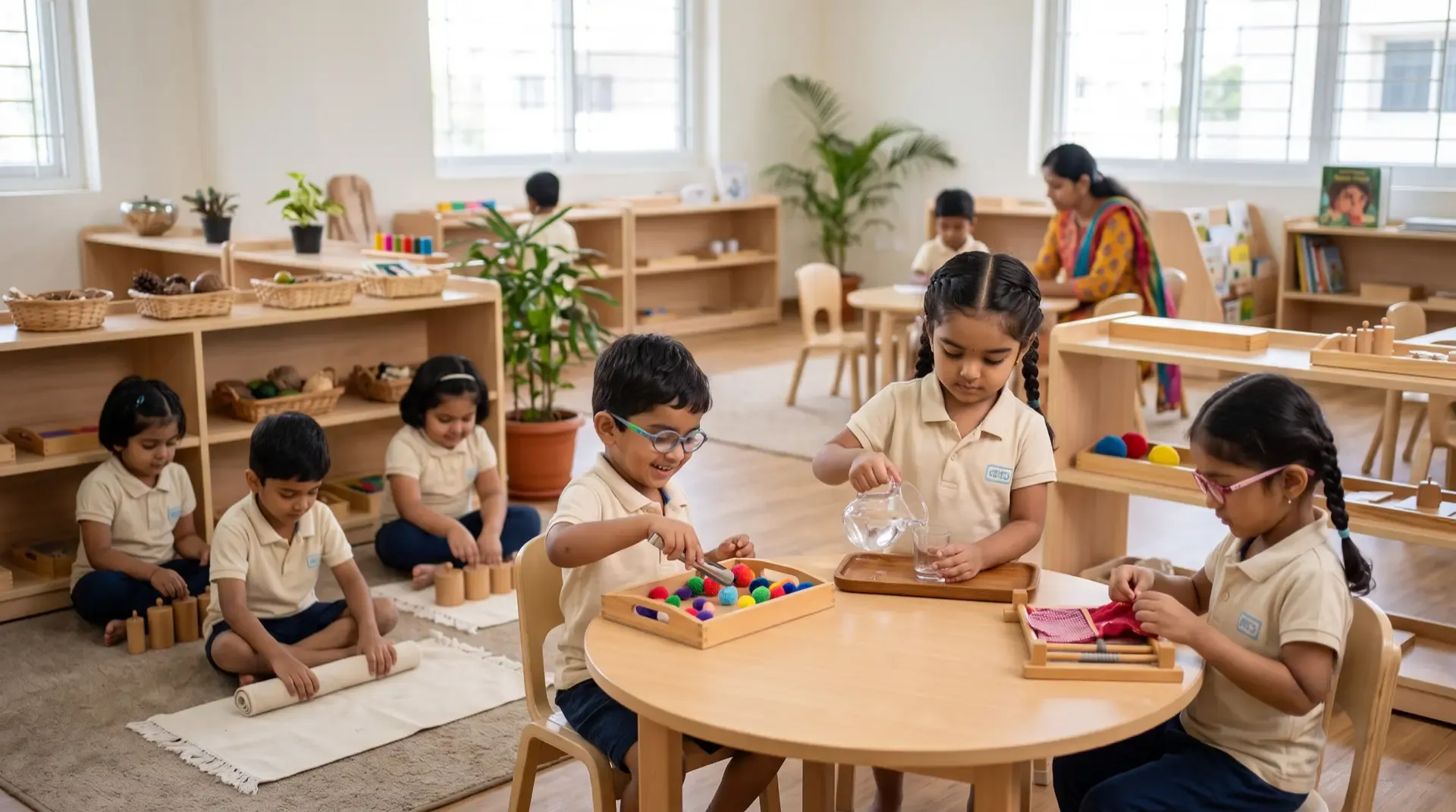 Children working with Montessori materials, one carefully pouring water