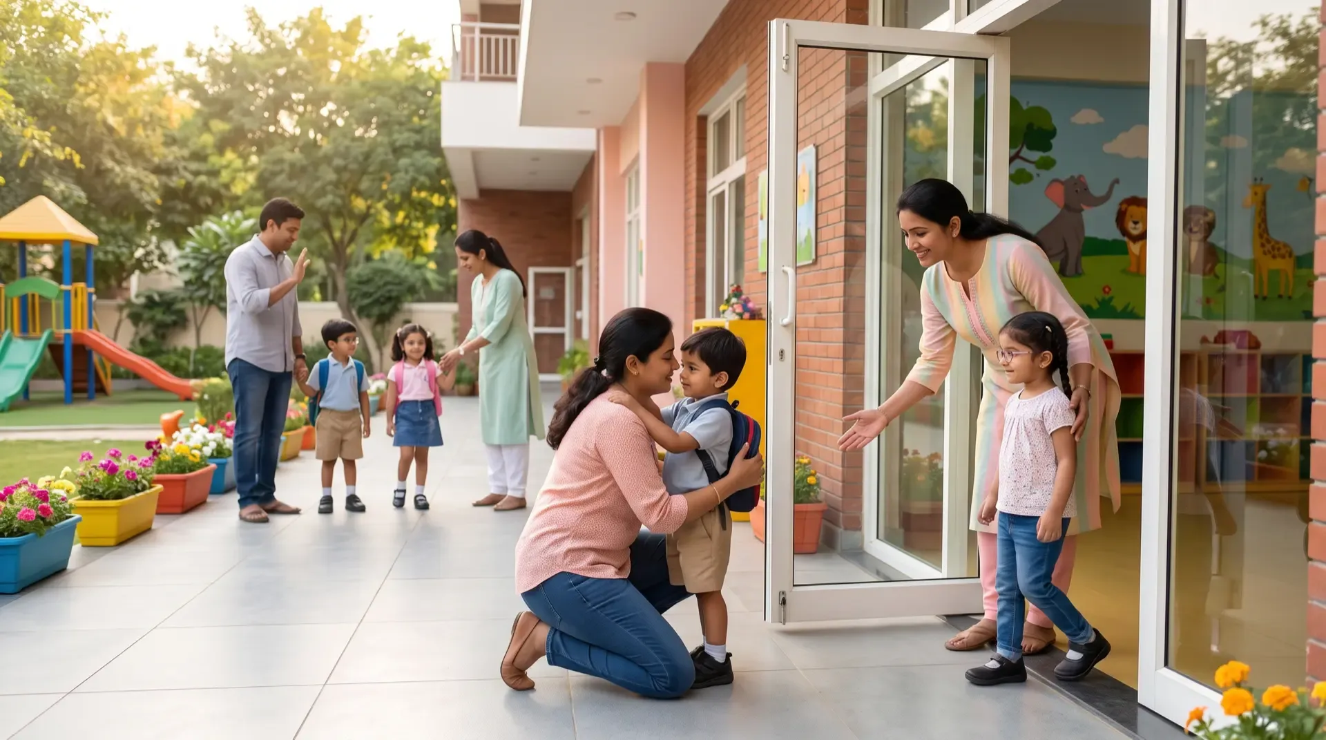 Parents dropping children off at the school entrance as a teacher welcomes them