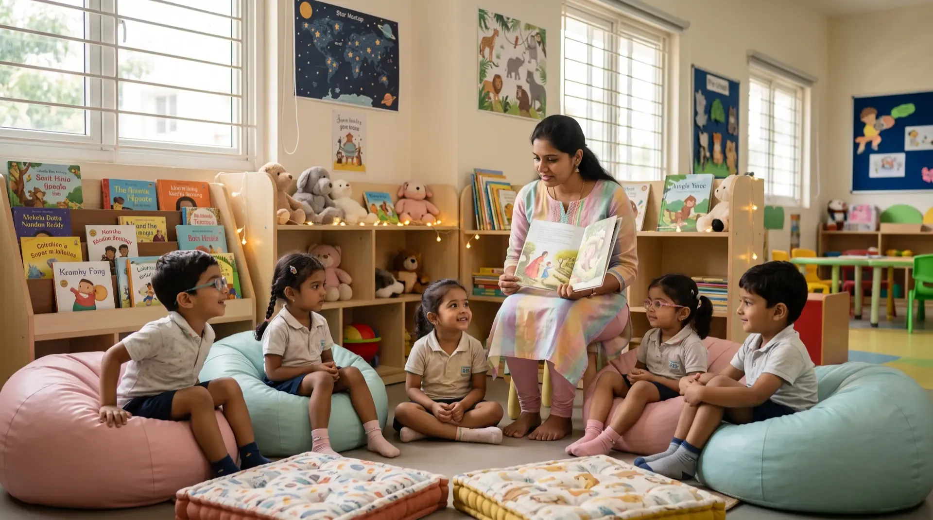A teacher reads a picture book to children sitting on bean bags